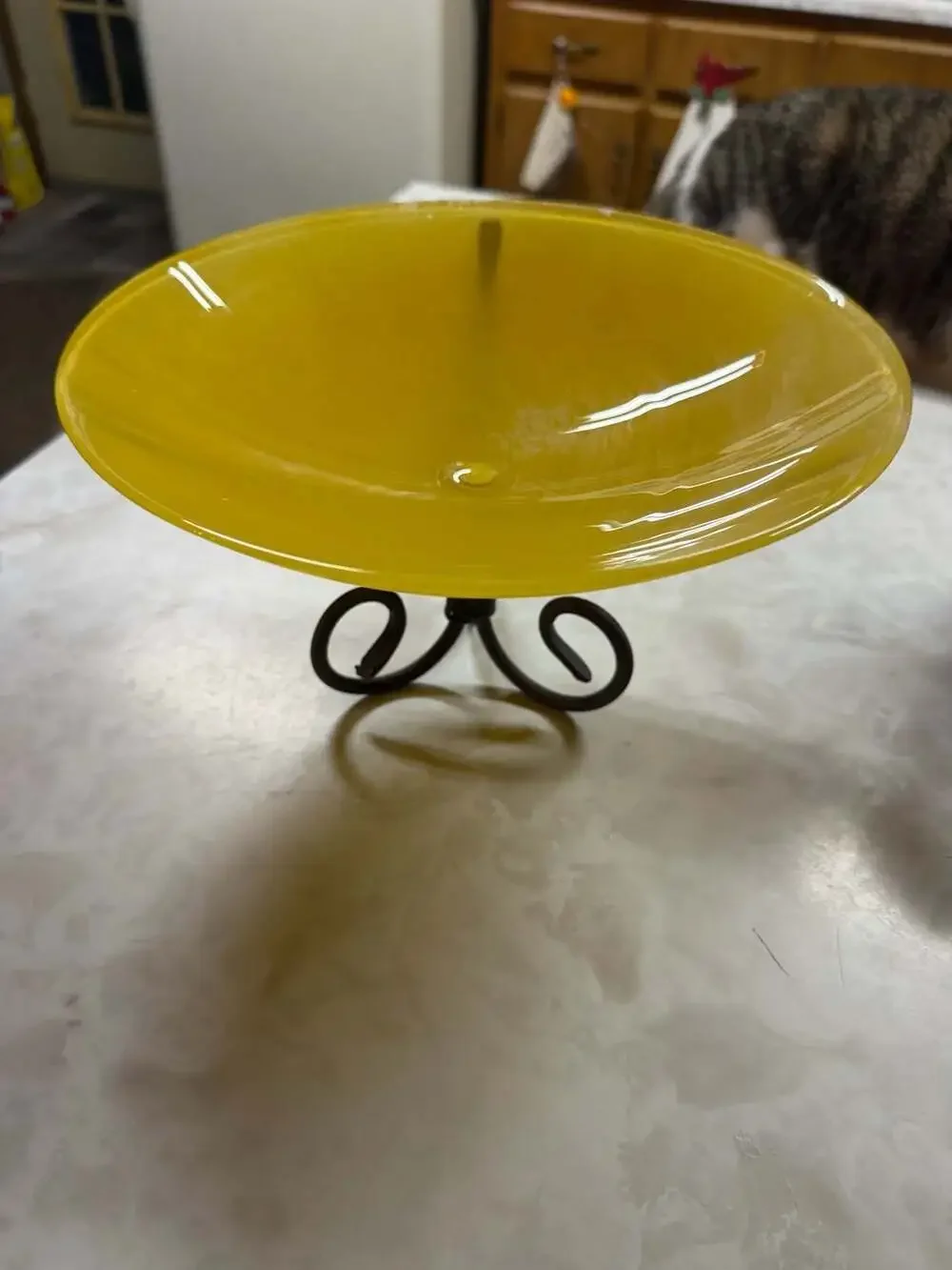 Vintage Yellow Marigold Art Glass Compote Bowl with Metal Stand